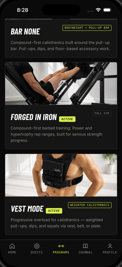 Programs list — Forged in Iron and Vest Mode active