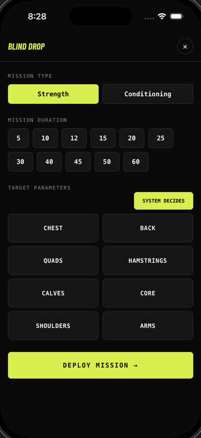 Blind Drop — mission type and duration select
