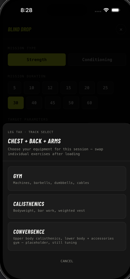 Blind Drop — equipment track select modal