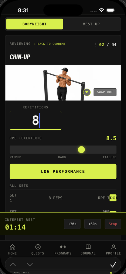 Active session — Chin-up set logged, interset rest running
